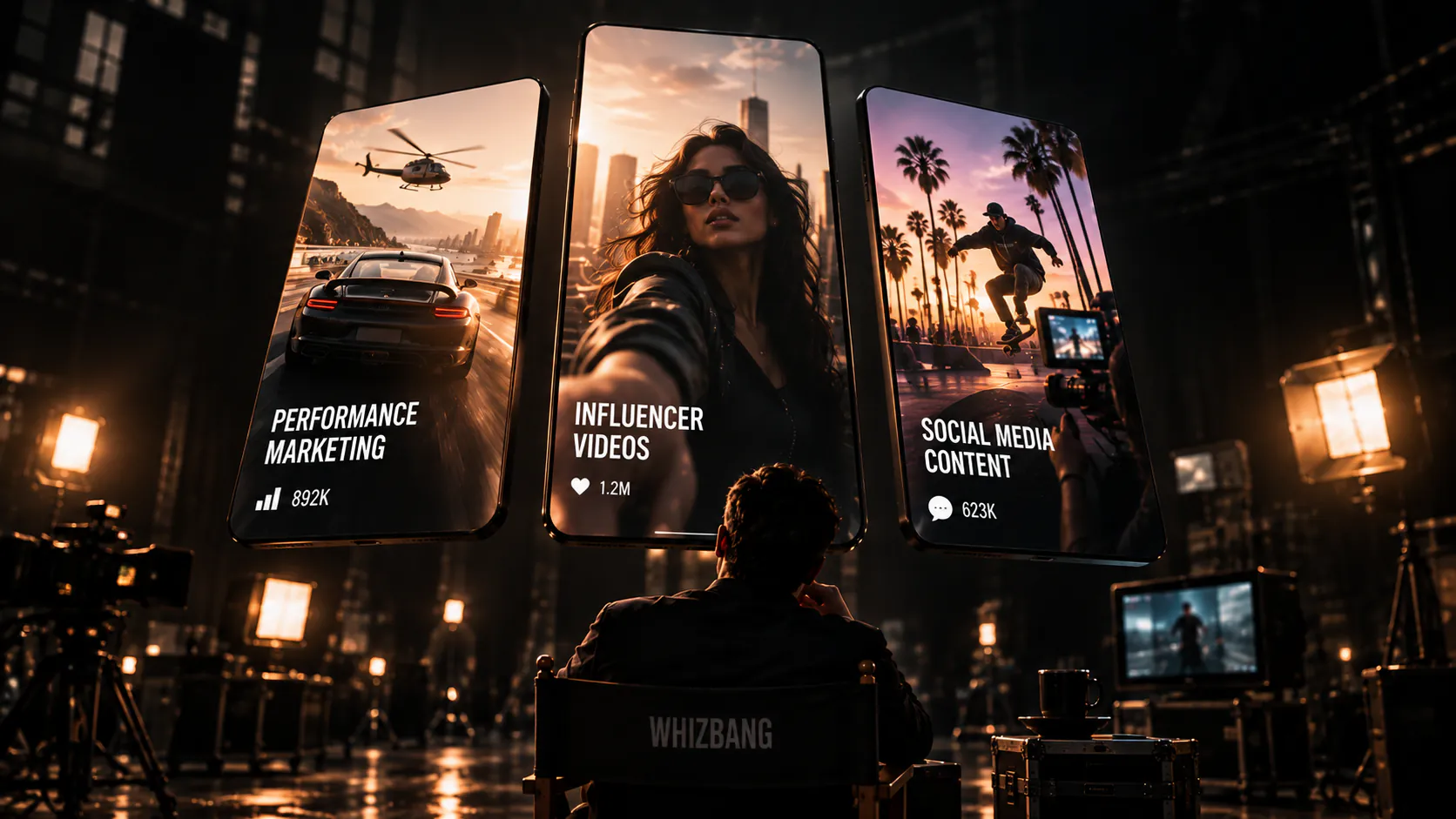 A director in a Whizbang chair on a film set, watching three giant phone screens: performance marketing, influencer videos and social media content.